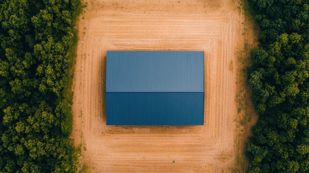 Aerial view of a blue-roofed structure in a field surrounded by trees.の素材