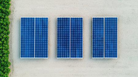 Solar panels arranged in a field under natural light.の素材