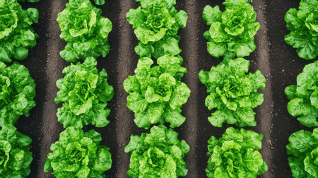 Lettuce growing in neat rows on a farm field.の素材