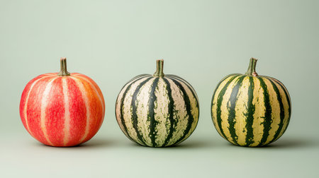 Colorful decorative gourds on a green background.の素材