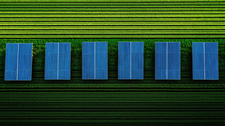 Solar panels on green field in aerial view.の素材
