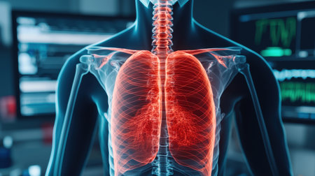 Medical illustration of human lungs with detailed anatomical features.の素材