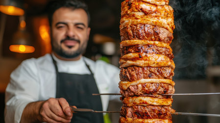 Chef preparing traditional meat dish with skewers in restaurant kitchen.の素材