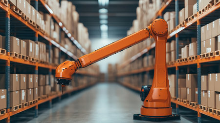 Warehouse robot arm sorting packages on shelves.の素材
