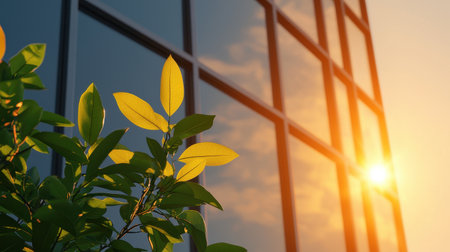 Sunlight reflecting off a modern building with greenery in the foreground.の素材