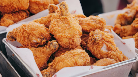 Crispy fried chicken pieces in a food container.の素材