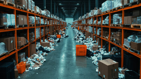 Warehouse aisle filled with boxes and scattered items.の素材
