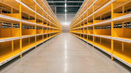 Empty warehouse aisle with yellow shelves and polished floor.の素材