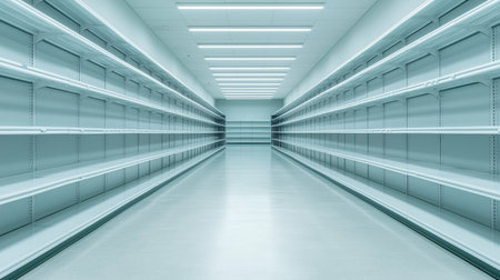 Empty aisle with sleek shelves in a modern store interior.の素材