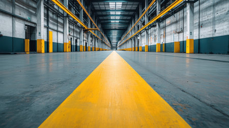 Industrial warehouse interior with a yellow line on the floor.の素材