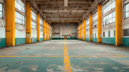 Abandoned industrial warehouse with peeling paint and spacious interior.の素材