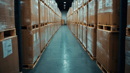 Warehouse aisle filled with stacked boxes on pallets.の素材