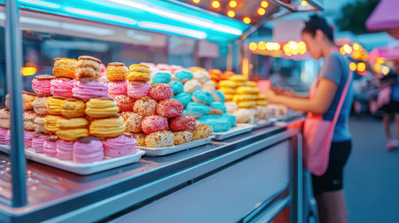 Vibrant donut stand with colorful treats and a customer selecting options.の素材