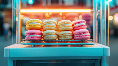 Colorful macarons displayed in a glowing showcase.の素材
