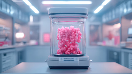 High-tech laboratory device with molecular structure inside a glass chamber.の素材