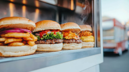 Delicious burgers displayed in a food truck setting.の素材