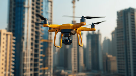A yellow drone hovers in the air, showcasing modern technology against a backdrop of tall buildings under construction.の素材