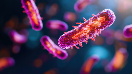 A vibrant representation of bacteria, showcasing their intricate structures and vibrant colors against a blurred background.の素材