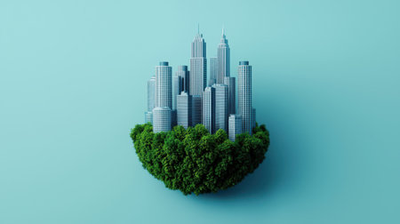 A miniature cityscape rises from a lush green island, symbolizing the blend of urban development and nature in a modern world.の素材