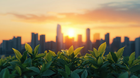 A vibrant sunset casts golden hues over a city skyline, framed by lush green leaves in the foreground, blending nature and urban life harmoniously.の素材