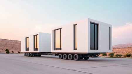 A modern mobile structure on wheels, designed with sleek white exteriors and large windows, set against a scenic landscape.の素材