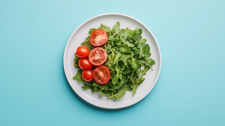 A vibrant plate of fresh greens and sliced tomatoes against a light blue background, showcasing a healthy and appetizing salad.の素材