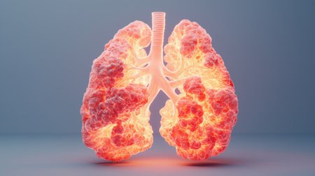 A glowing, digitally rendered pair of lungs showcasing intricate details and vibrant colors against a simple background.の素材