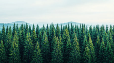 A serene view of a dense forest with tall evergreen trees and distant rolling hills under a soft sky.の素材