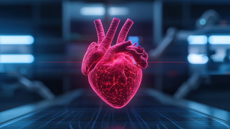 A glowing, digital heart model floats in a futuristic lab setting, emphasizing technology and health.の素材