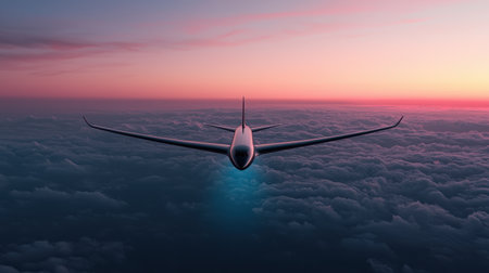 A sleek airplane glides through colorful clouds at sunset, showcasing a blend of technology and nature's beauty in the sky.の素材