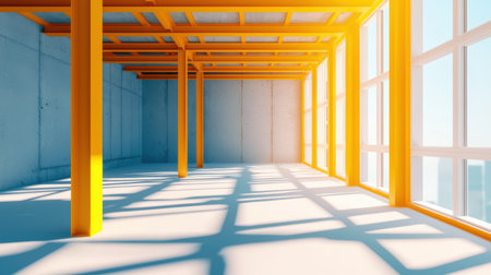 A bright, modern interior featuring large windows, orange structural beams, and soft shadows on the floor, creating an open, airy atmosphere.の素材