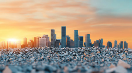 A futuristic city skyline rises above a landscape of debris, illuminated by a vibrant sunset, symbolizing urbanization and environmental challenges.の素材