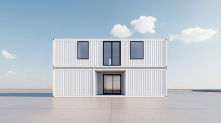 A modern, minimalist two-story house made from shipping containers, featuring large windows and a clear sky backdrop.の素材
