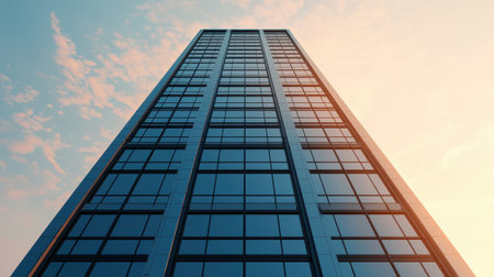 A modern skyscraper reaches towards a sunset sky, showcasing glass windows and sleek architectural design.の素材