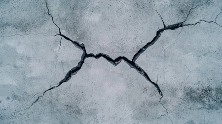 Cracked concrete surface showing jagged fissures, indicative of wear, structural issues, or environmental factors affecting the material.の素材