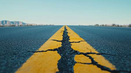 A cracked road stretches into the distance under a clear blue sky, highlighting the contrast between the asphalt and the surrounding landscape.の素材