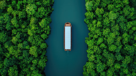 A serene aerial view of a boat gliding through a lush, green forest, surrounded by calm waters.の素材