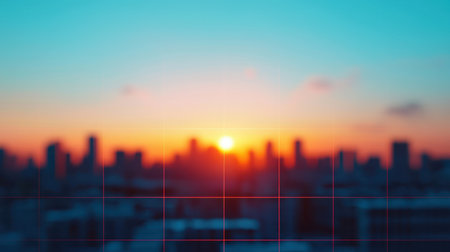 A sunset casts vibrant colors over a city skyline, creating a serene and captivating atmosphere.の素材