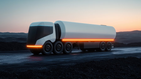 A futuristic truck design with smooth lines and a sleek profile, illuminated by an orange stripe, parked on a dark road during dusk.の素材