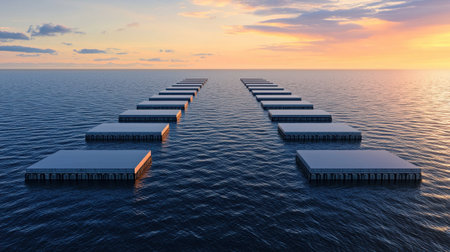 A serene sunset view featuring floating platforms arranged in a symmetrical pattern across calm waters.の素材