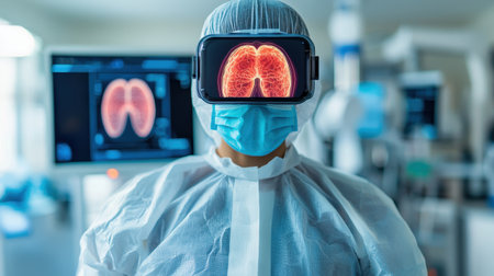 A medical professional in protective gear uses VR technology to examine 3D images of lungs, showcasing advancements in healthcare and technology.の素材