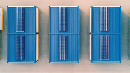 Aerial view of three blue containers with solar panels on their roofs, showcasing modern sustainable energy solutions.の素材