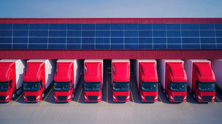 A row of red trucks is parked outside a warehouse with a solar panel roof, highlighting sustainability in transportation and logistics.の素材