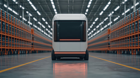A futuristic, autonomous vehicle stands in a spacious warehouse, flanked by neatly arranged shelving units, showcasing an innovative design for logistics.の素材