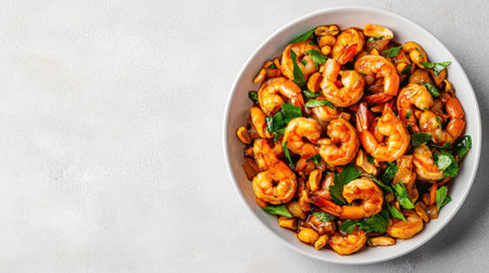 A vibrant bowl of shrimp stir-fry with herbs and vegetables, showcasing a delicious blend of flavors and textures.の素材