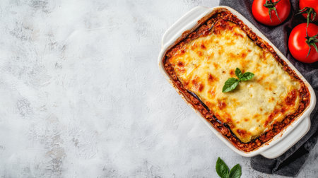 A delicious baked lasagna topped with melted cheese, garnished with fresh basil, accompanied by ripe tomatoes on a textured background.の素材