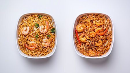 Two bowls of shrimp noodles, one with green herbs and the other with vibrant vegetables, highlighting a delicious Asian-inspired meal.の素材