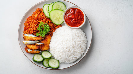 A colorful plate featuring rice, jollof rice, grilled fish, cucumber slices, and a side of spicy sauce.の素材