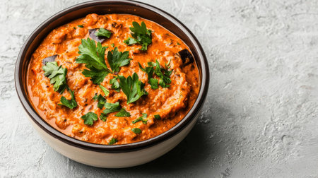A rich, creamy dish garnished with fresh cilantro, served in a bowl, showcasing vibrant colors and enticing textures.の素材