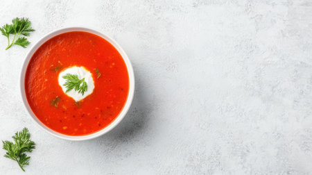 A creamy tomato soup garnished with fresh herbs, served in a white bowl, on a light textured background.の素材